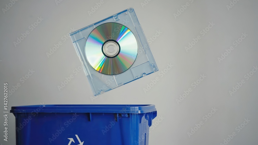 Outdated digital media discarded in a recycling bin.