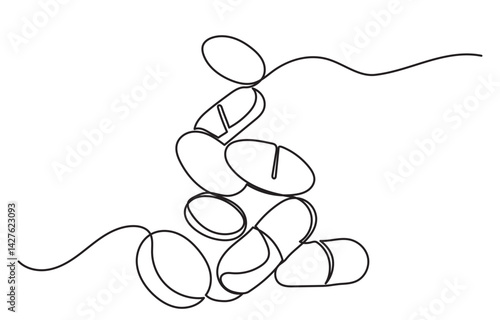 Continuous line drawing of medicine.Isometric single-line drawing of capsules and pills, including painkillers, antibiotics, vitamins, and aspirin in a modern minimal style.