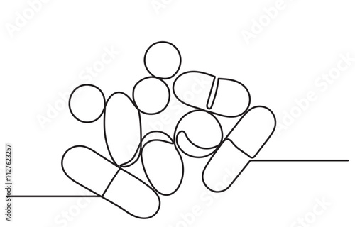 Continuous line drawing of medicine.Isometric single-line drawing of capsules and pills, including painkillers, antibiotics, vitamins, and aspirin in a modern minimal style.