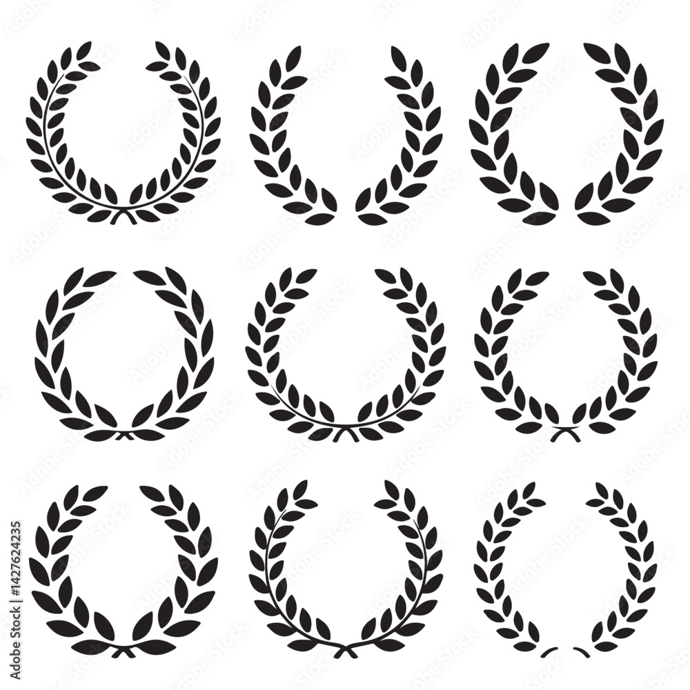 SET OF BLACK laurel wreath, flower, half, olive branch, roman laurel wreath, vintage laurel wreath, vector silhouettes SET OF BLACK laurel wreath, flower, half, olive branch, roman laurel wreath, vintage laurel wreath, vector silhouettes