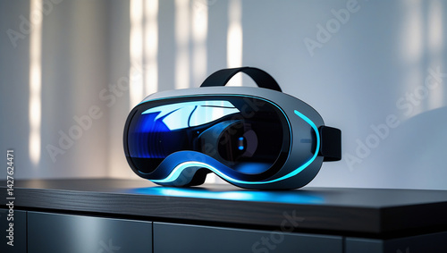 Futuristic Virtual Reality Headset and Digital Clock on a Minimalist High-Tech Desk Setup – Generate AI