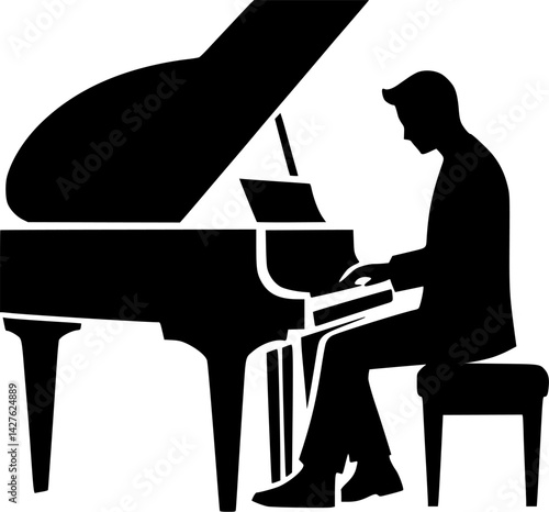 Silhouette of a Pianist Playing a Grand Piano