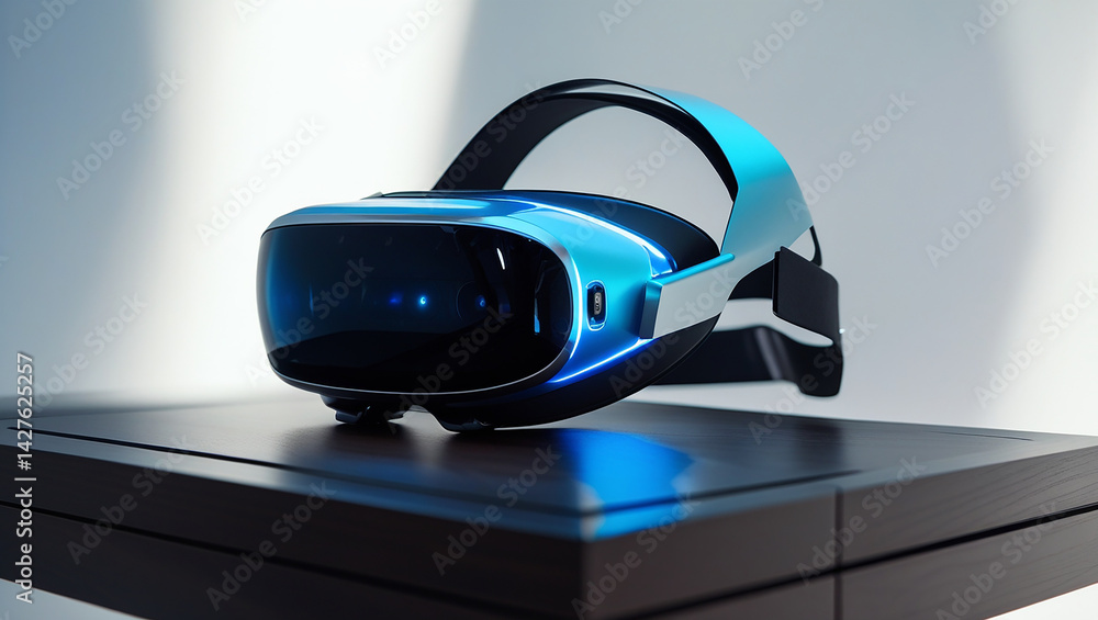Futuristic Virtual Reality Headset and Digital Clock on a Minimalist High-Tech Desk Setup – Generate AI