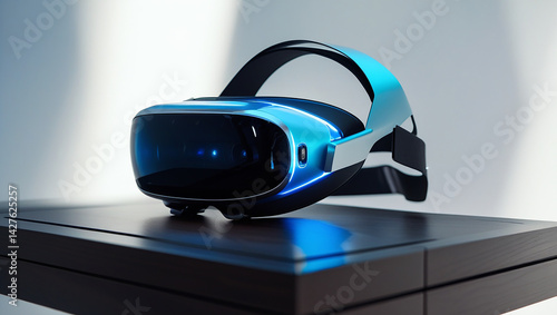 Obraz na płótnie Futuristic Virtual Reality Headset and Digital Clock on a Minimalist High-Tech Desk Setup – Generate AI w salonie