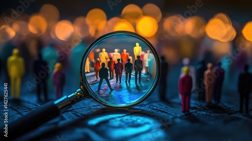 Magnifying Glass Focuses on Diverse Crowd.
