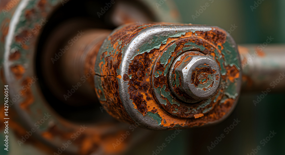 Worn Fastener Close Up Showing Patina and Rust, Old Machinery Parts Worn Fastener Close Up Showing Patina and Rust, Old Machinery Parts