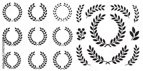 SET OF BLACK laurel wreath, flower, half, olive branch, roman laurel wreath, vintage laurel wreath, vector silhouettes