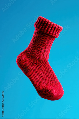a red sock on blue background