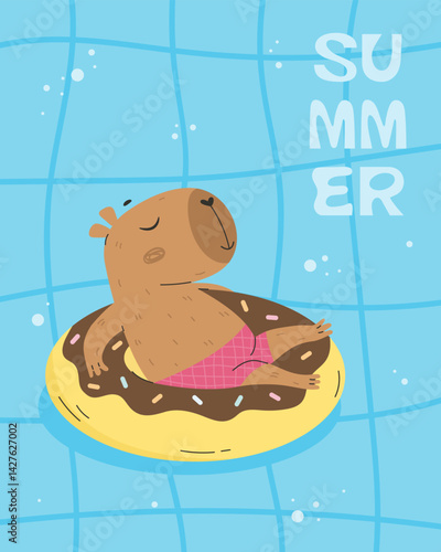 Summer poster with capybara relax in the pool