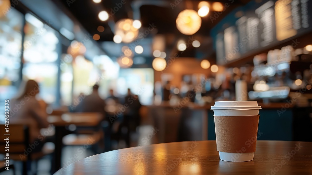 Coffee cup on table in bustling cafe with blurred patrons in background Coffee cup on table in bustling cafe with blurred patrons in background