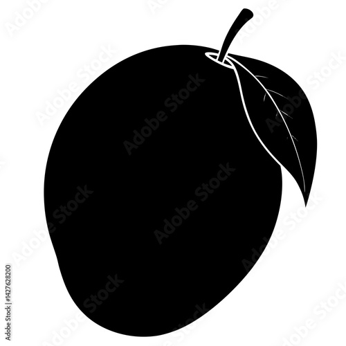 Black and White Mango Silhouette with Leaf – Tropical Fruit Vector Illustration

