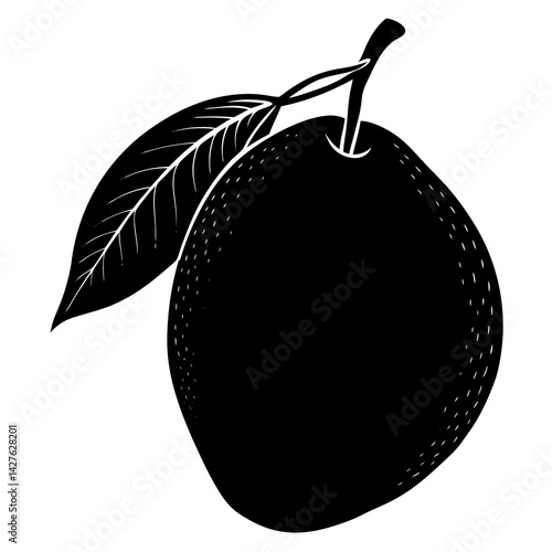 Black and White Mango Silhouette with Leaf – Tropical Fruit Vector Illustration


