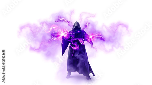 mystical purple light explosion symbolizing a sorcerer s power vividly isolated on a white backdrop