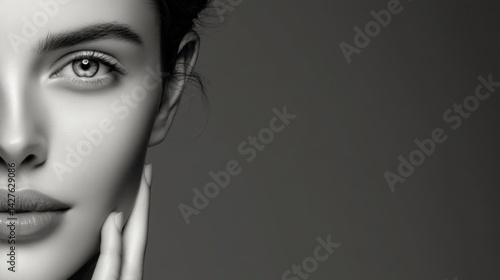 Black-and-white close-up portrait of a beautiful woman touching her face, with copy space on the right side. 