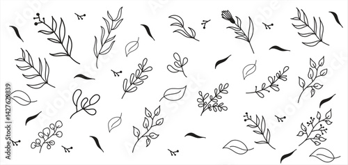 Elegant botanical seamless pattern with minimalist leaf and branch outlines in monochrome