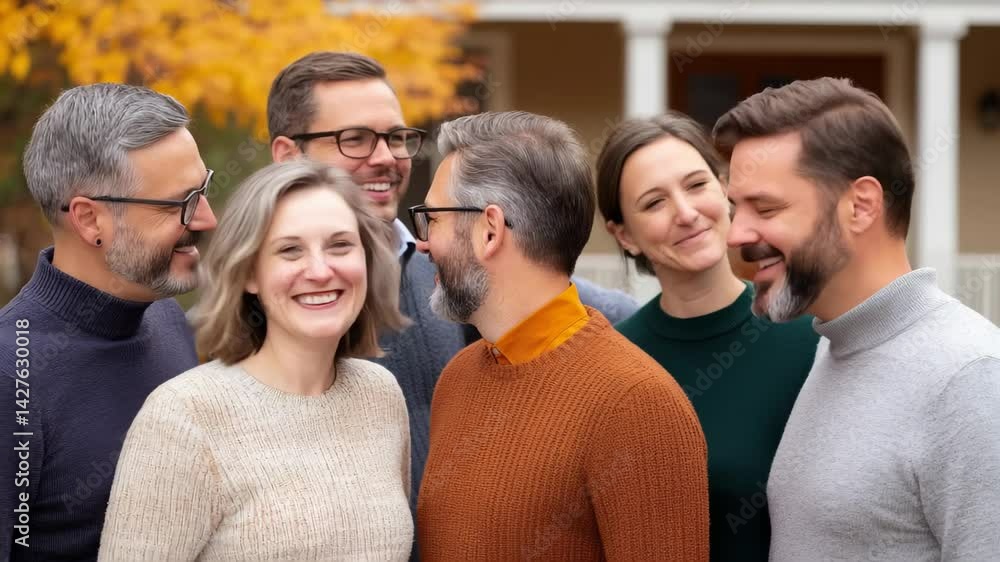Warm Autumn Conversations Group of Adults Smiling Together Outdoors in Cozy Sweaters Amidst Vibrant Foliage with Friends Warm Autumn Conversations Group of Adults Smiling Together Outdoors in Cozy Sweaters Amidst Vibrant Foliage with Friends