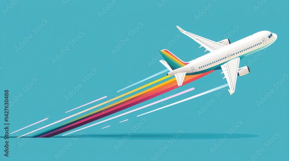 Fototapeta premium Whimsical Airplane Illustrating a Colorful Rainbow Trail in a Bright Blue Sky