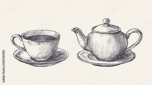 HandDrawn Teacup  Teapot Sketch Vintage Charm.