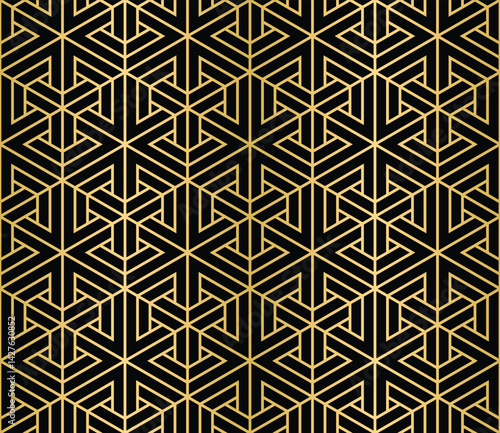Geometric gold  black pattern of interlocked starlike  triangular shapes creating a modern luxe structured design