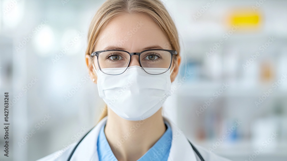 Confident Female Doctor Wearing Glasses and Protective Mask in Clinic Confident Female Doctor Wearing Glasses and Protective Mask in Clinic