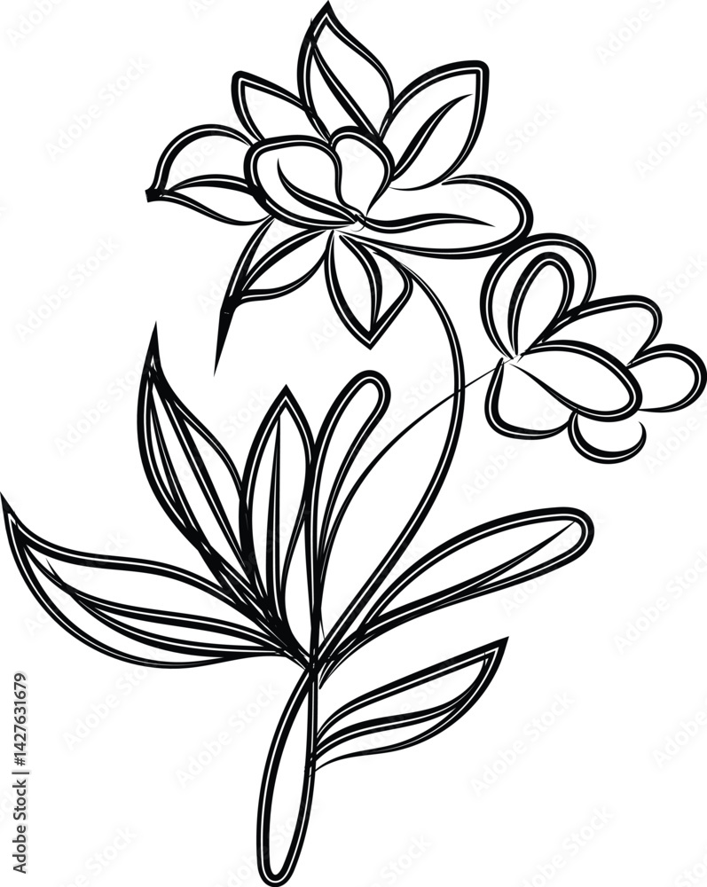 Obraz premium Elegant Black Line Art Flower Drawing Botanical Illustration