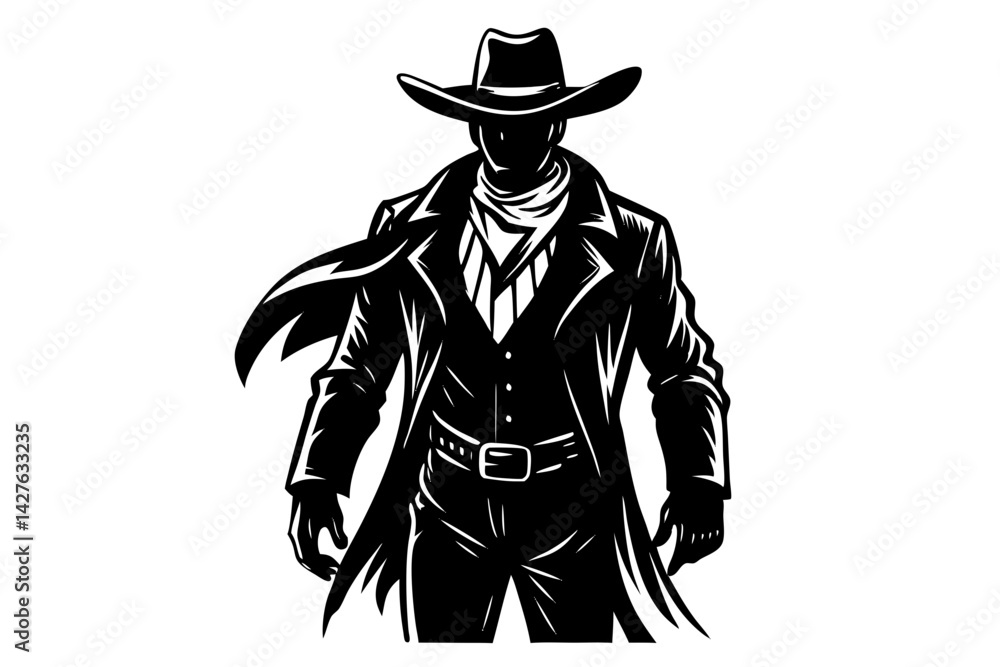 Naklejka premium A lone cowboy stands tall in a classic illustration, with a shadowed face and a strong silhouette. The iconic western attire, complete with a wide-brimmed hat and long coat. generative AI
