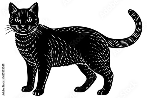 A sleek black cat is standing confidently and poised. The feline is in striking black and white contrast, embodying a timeless and simple elegance. generative AI