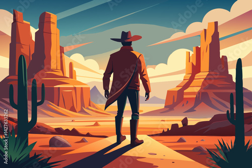 A lone cowboy stands at the edge of a vast desert, his back to the viewer, staring out into the horizon, a symbol of rugged individualism, adventure and the Wild West. generative AI