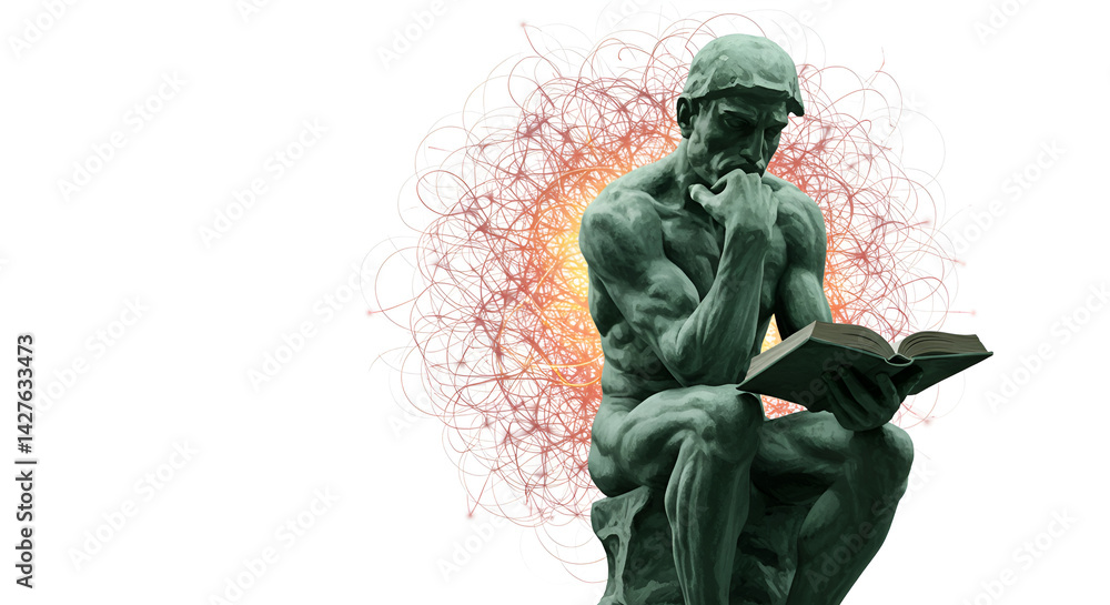 Obraz premium a thinker statue holding a book with neural network patterns glowing behind, isolated on white
