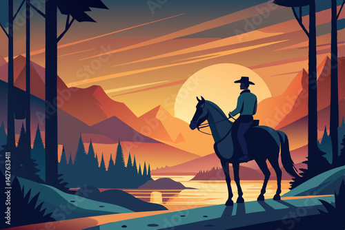 A lone rider on horseback silhouetted against a breathtaking sunset, the scene conveying a sense of freedom and the tranquility of nature. generative AI