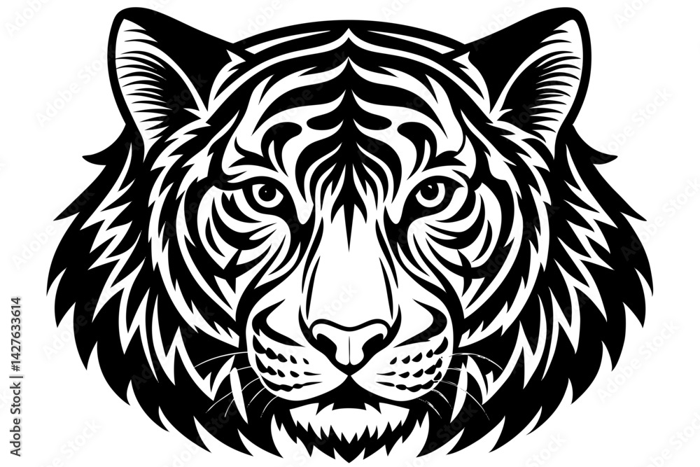 A striking, black and white illustration of a majestic tiger's face. Showcasing the power, beauty, and intricate detail of its features. generative AI A striking, black and white illustration of a majestic tiger's face. Showcasing the power, beauty, and intricate detail of its features. generative AI