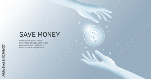 Save money concept. 3D woman hands holding dollar coin. Finance vector illustration, Technology minimal clean background. Cashback and finance metaphor. Banking and economy.