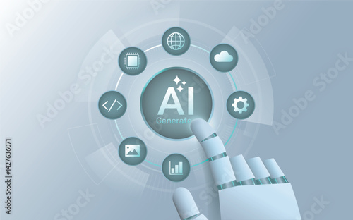 Generate with AI button. AI enters by command prompt to generate ideas. Closeup robot finger press a Generate AI button. Artificial intelligence and Machine learning technology concept