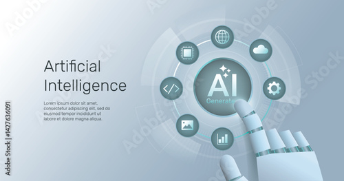 Web banner generate with AI button. AI enters by command prompt to generate ideas. Closeup robot finger press a Generate AI button. Artificial intelligence and Machine learning technology concept