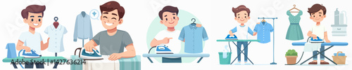 Vector collection A happy young man is ironing clothes