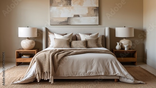 Luxury hotel bedroom interior features a comfortable bed with pillows and a lamp