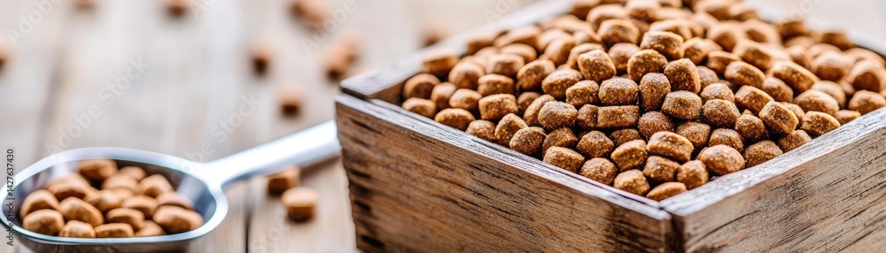 Dry dog food in bowl inside wooden container concept. Close-up of organic grains in a wooden container on a table. Dry dog food in bowl inside wooden container concept. Close-up of organic grains in a wooden container on a table.