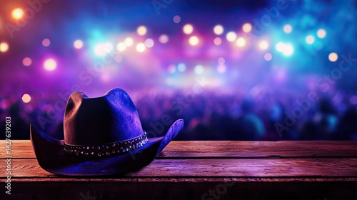 Cowboy Hat on Stage with Concert Lights, and Country Music.