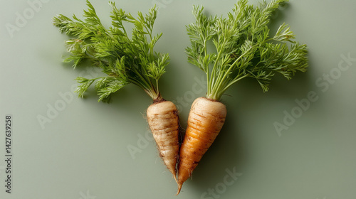 Fresh Carrots with Greens: Two vibrant carrots, complete with their lush green tops, arranged in a visually appealing V-shape against a muted green background.  