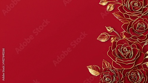 Golden rose line art on red background, elegant floral design  
