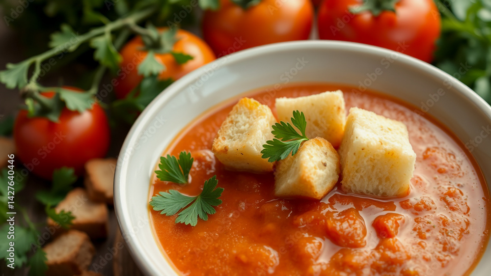 Delicious Tomato Soup with Croutons, Ready to Enjoy Delicious Tomato Soup with Croutons, Ready to Enjoy