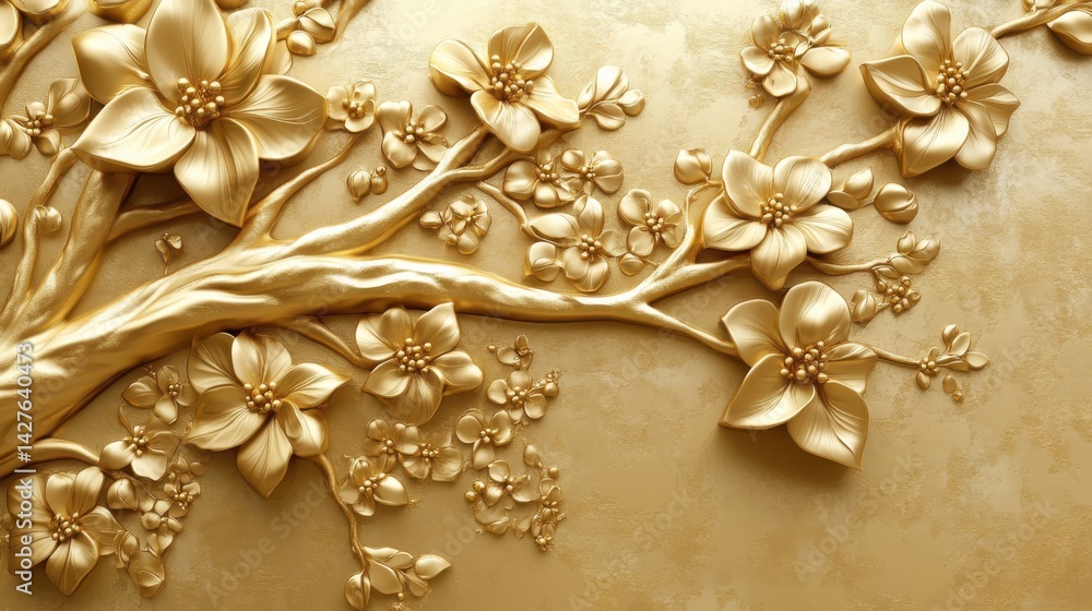 Golden Bodhi tree with Stucco Stems and Leaves An elegant 3D floral background. Elegant 3D Floral Background Featuring Golden Bodhi tree with Stucco Stems and Leaves.