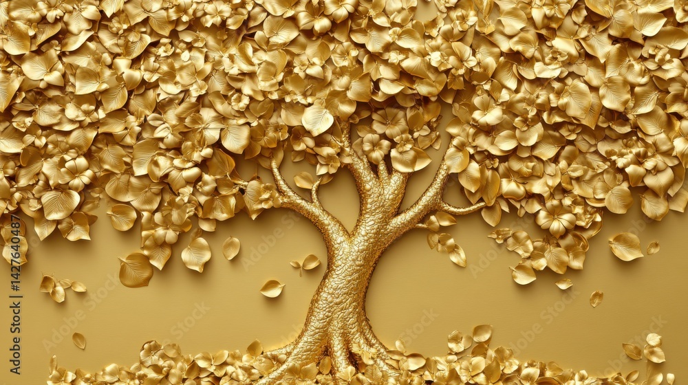 Golden Bodhi tree with Stucco Stems and Leaves An elegant 3D floral background. Elegant 3D Floral Background Featuring Golden Bodhi tree with Stucco Stems and Leaves.