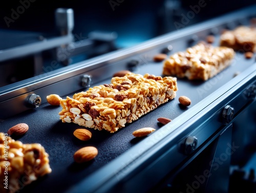 Granola bars moving on production line conveyor belt. Healthy snacks in food industry. Automation tech innovative robotic process for retail market. Tasty nutritious energy bars.