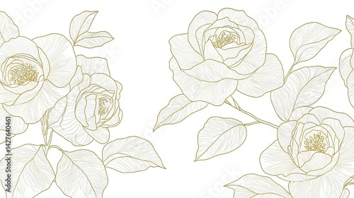 Fototapeta Naklejka Na Ścianę i Meble -  Elegant seamless gold rose line art pattern on a white background, featuring simple flat design in minimalistic linear vector style for high-resolution digital use.  