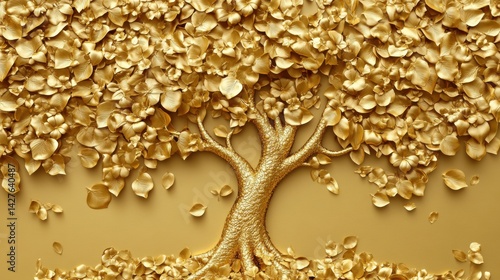 Obraz na płótnie Golden Bodhi tree with Stucco Stems and Leaves An elegant 3D floral background. Elegant 3D Floral Background Featuring Golden Bodhi tree with Stucco Stems and Leaves. w salonie