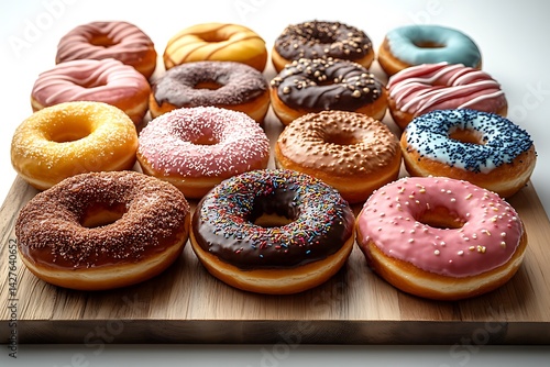 Wallpaper Mural Assorted delicious doughnuts with colorful frosting on a wooden tray closeup Torontodigital.ca