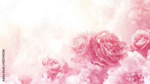 Romantic pink roses banner with soft pastel tones, a close-up bouquet on a light pink and white background with blurred depth of field, perfect for elegant floral-themed designs.