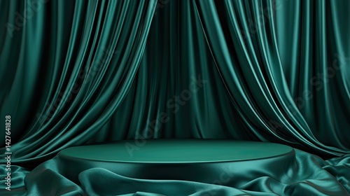 Emerald Silk Draped Podium Luxurious Product Display.