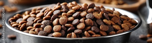 Dry dog food in bowl with animal care scoop concept. Fresh roasted coffee beans in a metal bowl on a wooden table.